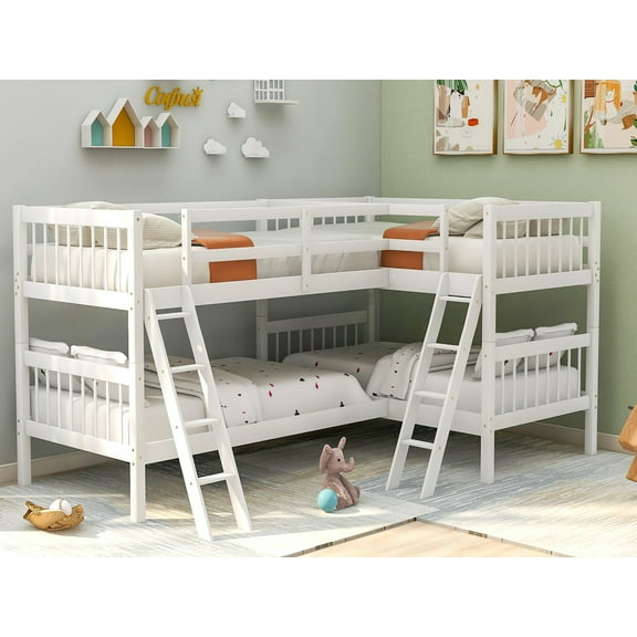 L-Shaped Twin Bunk Bed Twin Over Twin Bunk Bed with Ladder No Box Spring Needed