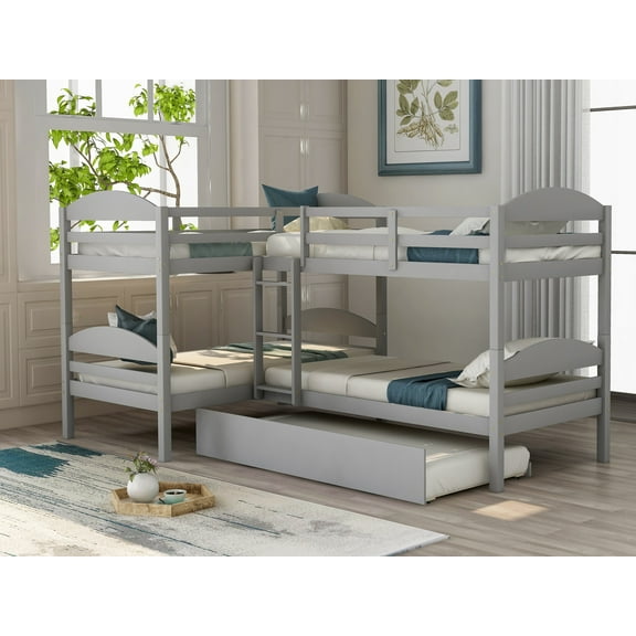 Harper & Bright Designs L-Shaped Twin Bunk Bed with Trundle, Pine Wood Twin Size Bunk Bed Frame, Can be Separated into Two Beds, No Box Springs Needed (Grey)