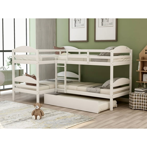 Harper & Bright Designs L-Shaped Twin Bunk Bed with Trundle, Pine Wood Twin Size Bunk Bed Frame, Can be Separated into Two Beds, No Box Springs Needed (White)