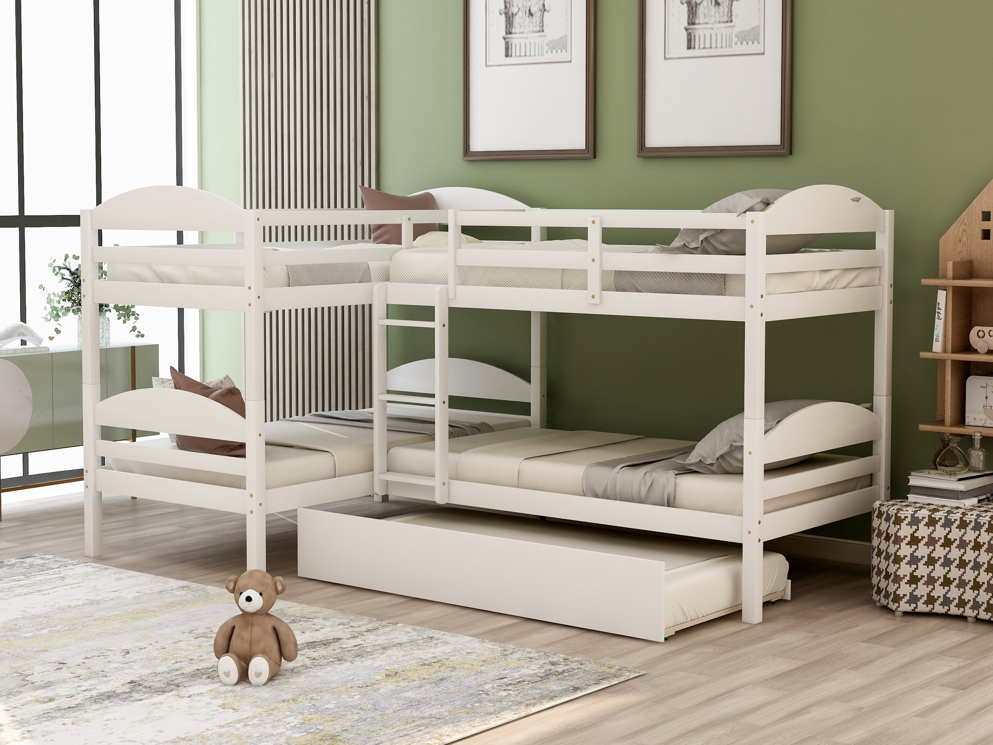 LShaped Twin Bunk Bed with Trundle, Pine Wood Twin Size Bunk Bed Frame