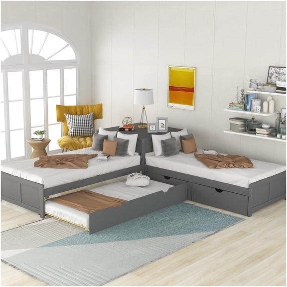 L-Shaped Twin Bunk Bed with Trundle, Storage Drawers and Desk, Space-Saving Wood Loft Bed Frame in Gray
