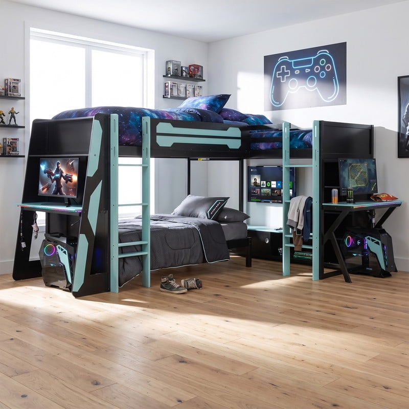 L-Shaped Twin Size Gaming Bunk Bed with RGB LED Lights, 3 Twin Beds, USB Ports, TV Stand & Storage Shelves, Reversible Wooden Bunk Bed Frame for Teens & Adults