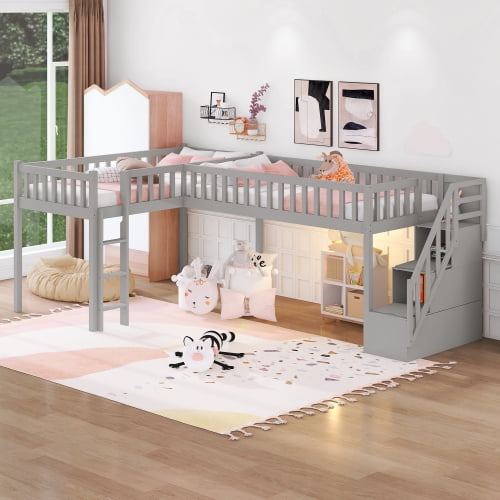 LShaped Twin Size Loft Bed with Staircase and Ladder, Wooden Bunkbed