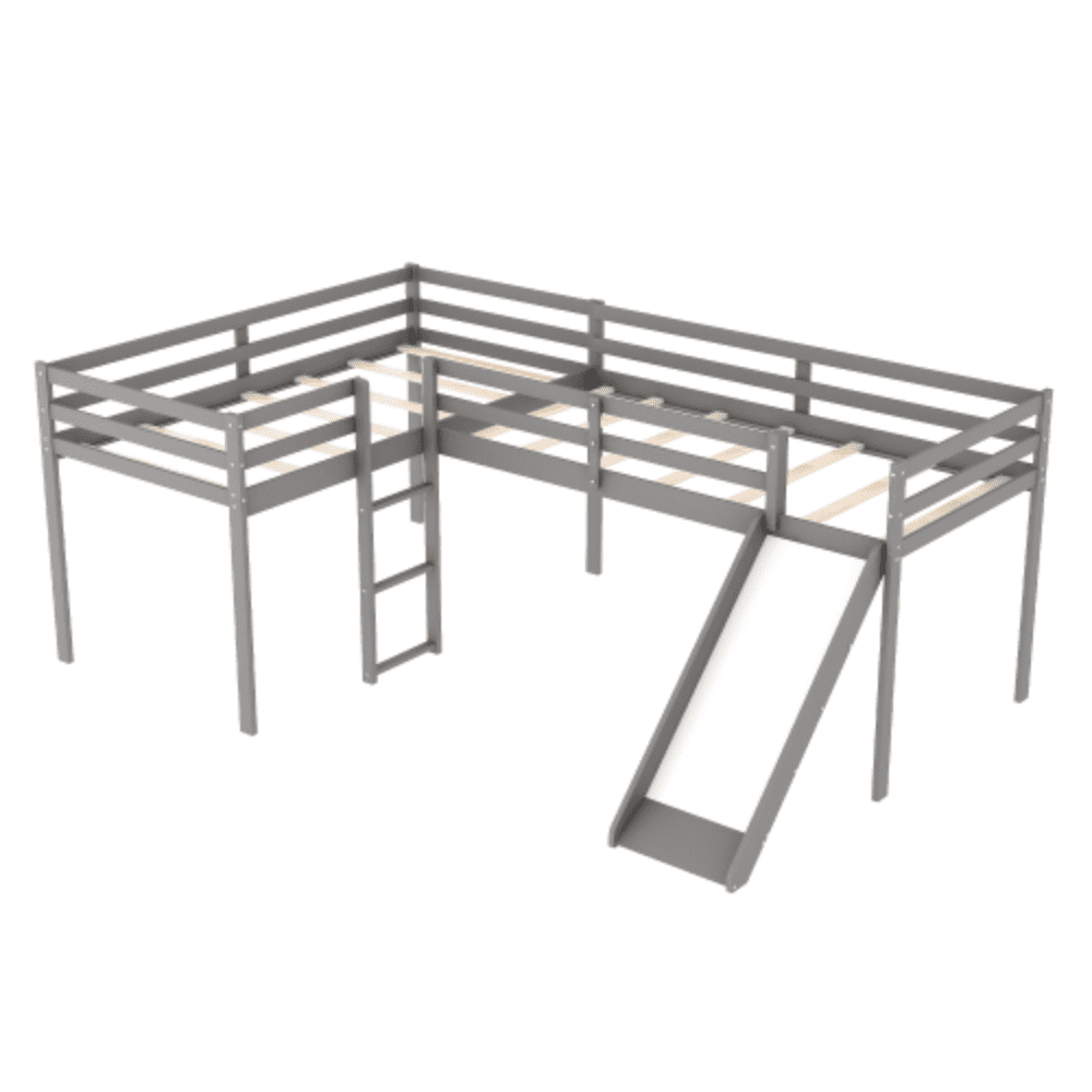 LShaped Twin Size Loft Bed with Ladder and Slide, Gray