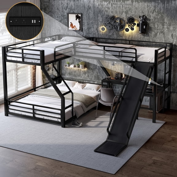 L-Shaped Twin XL over Queen Bunk Bed with Twin Size Loft Bed,Metal Triple Bunk Bed with Slide and USB Ports, Space-saving and Noise-free Design, Black