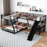 L-Shaped Twin over Full Bunk Bed with Twin Size Loft Bed,Built-in Desk and Slide,Black