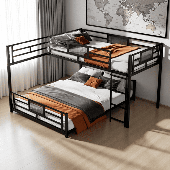 L-Shaped Twin over Full Size Bunk Bed, Metal Frame with Safety Guardrails, Space-Saving Design for Bedroom, No Box Spring Needed, Black