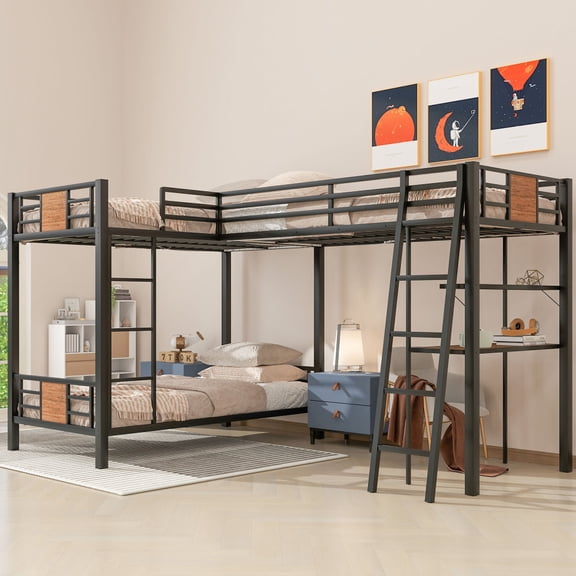 L-Shaped Twin over Twin Bunk Bed with Twin Size Loft Bed with Desk and Shelf ,Brown