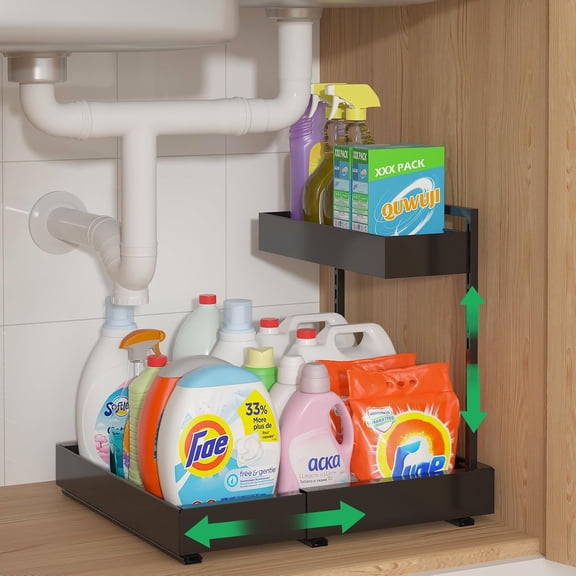 L-Shaped Under Sink Organizer with 6-Level Height Adjustment and Expandable Width Pull-Out Cabinet Storage Rack in Black