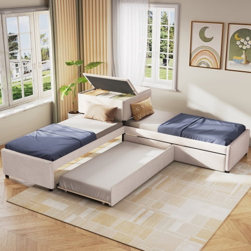 L-Shaped Upholstered Platform Bed with Trundle, Two Drawers and Built-in Desk, Twin Size Corner Bed Frame for Bedroom, Beige