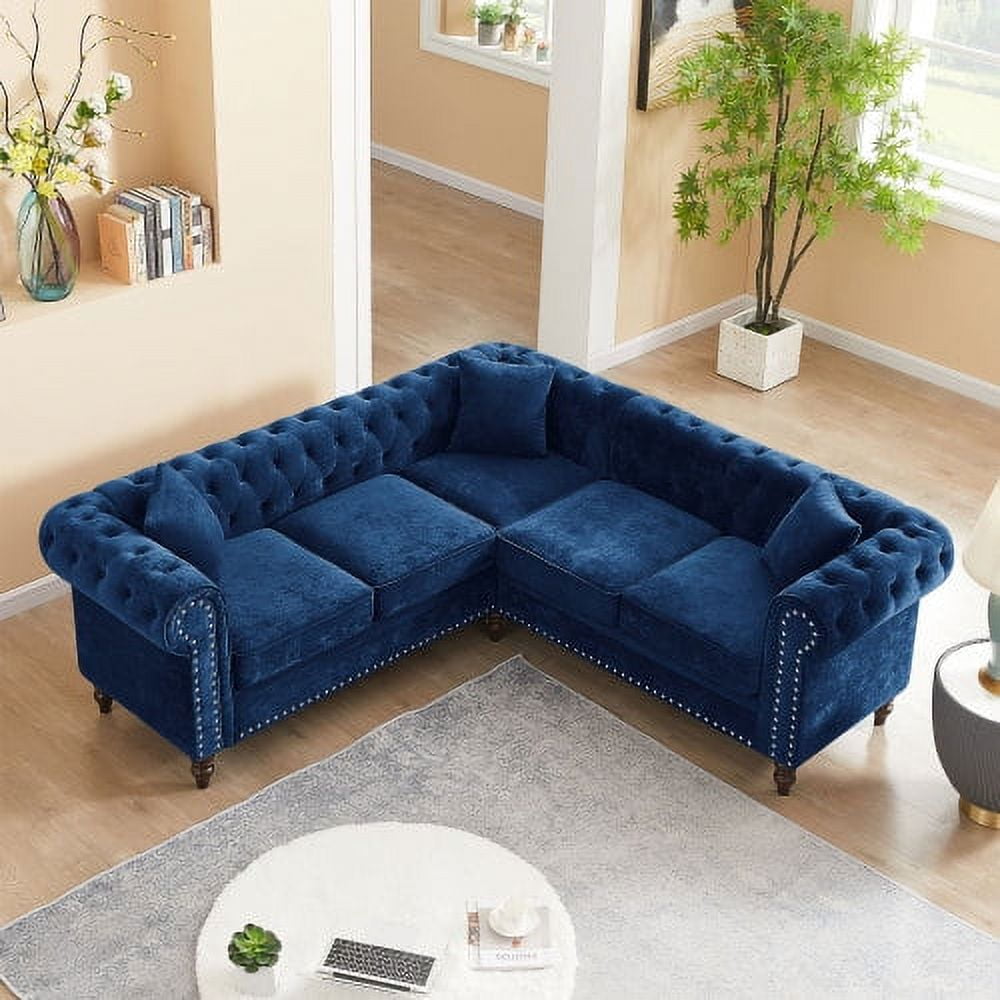 LShaped Velvet Tufted Sectional Sofa Set with 3 Pillows Classic Upholstered Rolled Arm