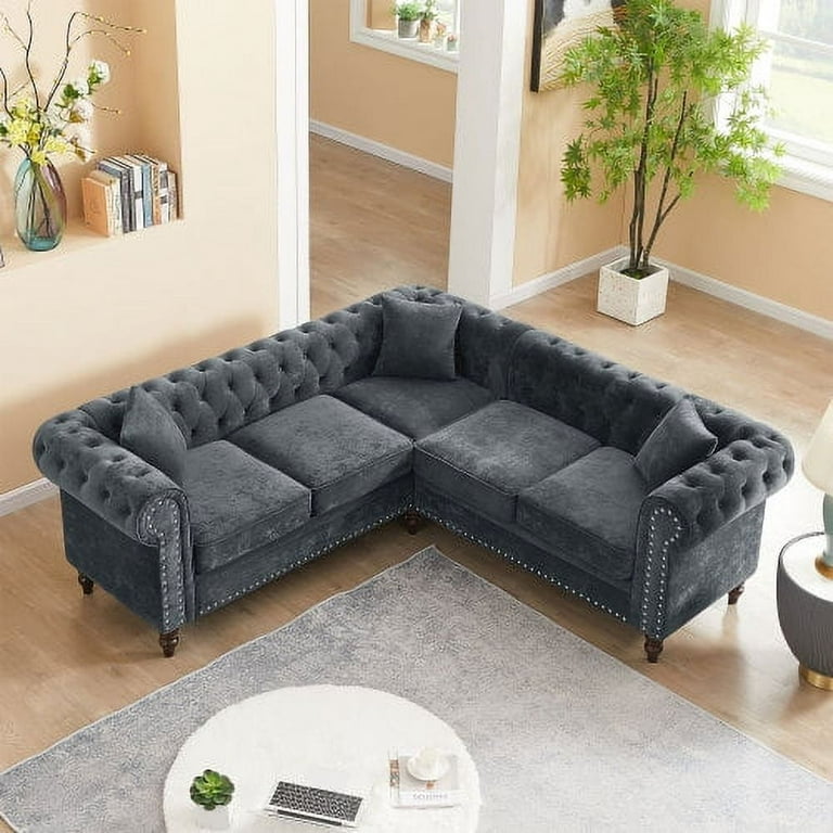 L-Shaped Velvet Tufted Sectional Sofa Set with 3 Pillows Classic  Upholstered Rolled Arm Chesterfield Sectional Sofa Couch for Living Room  Bedroom, 5