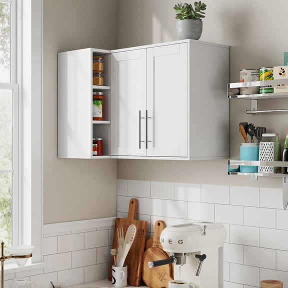 L Shaped Wall Mounted Kitchen Sideboard Cabinet with 2 Doors, 3 Shelf Storage Buffet for Dining Room Bathroom, White Particle Board MDF
