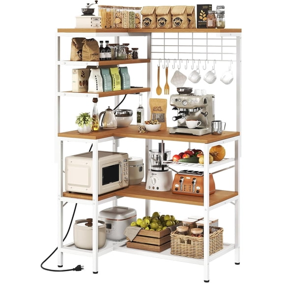 L-Shaped White Bakers Rack with Power Outlet, Kitchen Storage Rack with Hooks, Wire Shelf with Open Storage, Mesh Grid, Wire Basket