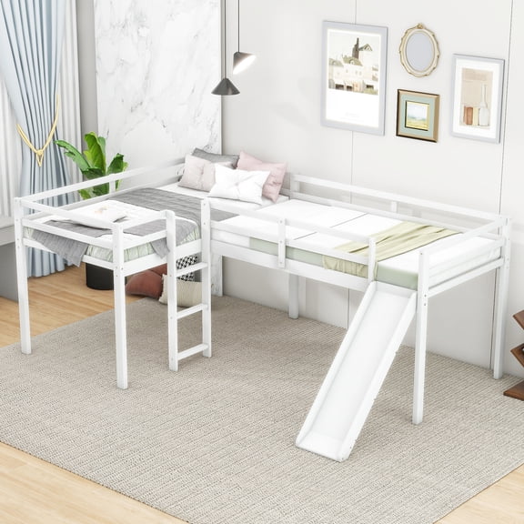 L-Shaped White Twin Loft Bed with Ladder and Slide / Enjoy Fun and Save Space