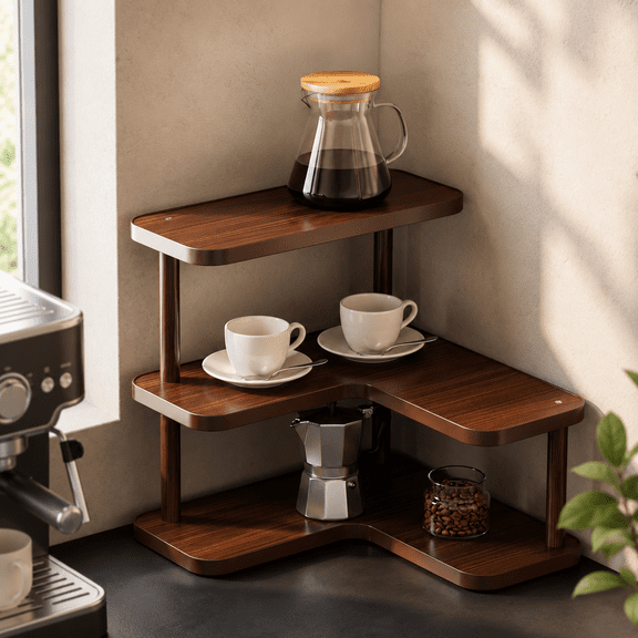L-Shaped Wood Multi-Tier Corner Shelf, Desktop Organizer Stand with Metal Coil Supports for Cosmetics, Kitchen Storage, Cup Holder, Home Office 11.8x11.8x11in