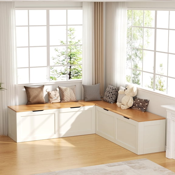 L Shaped Wooden Storage Bench, Corner Breakfast Nook Seating, Kitchen Dining Table Bench, Hidden Storage Organizer For Entryway Living Room, Modern Style, Oak And White, Single Piece