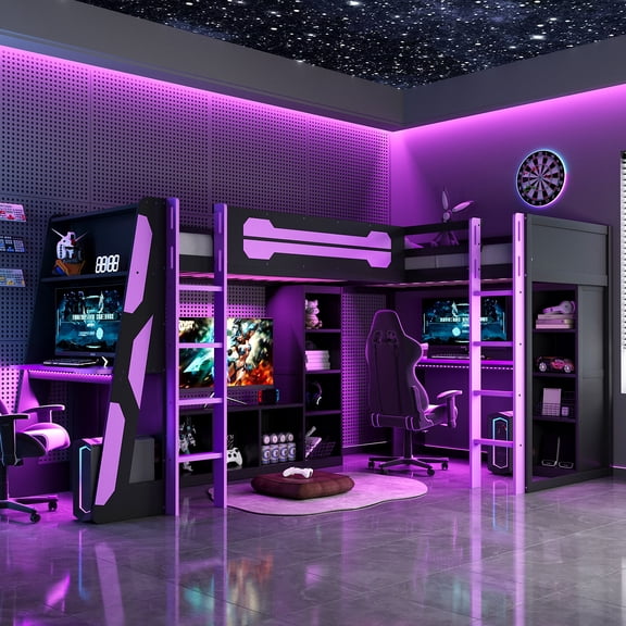 L-Shaped Wooden Twin Size Gaming Bed Frame with RGB LED Lights, Dual Twin Beds, USB Ports, TV Stand & Storage Shelves, Reversible Layout,