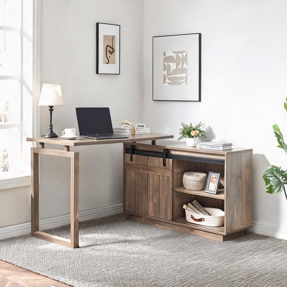 L-Shaped Workstation with Reversible Credenza, Sliding Barn Door, Wood-Tone Brown, Particle Board MDF