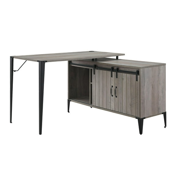 L-Shaped Writing Desk - 48" Gray Oak & Black Industrial Office Desk w/ Cabinet. MDF & Metal Corner Workstation for Home Office. Cable Management.
