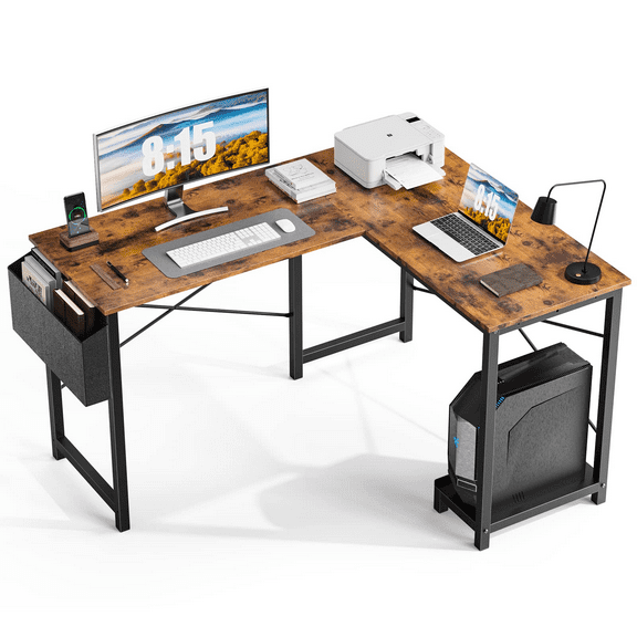 L Shaped office Computer Desk Corner Workstation with Side Storage Bag and CPU Stand Shelf, 49 Inch, Rustic Brown