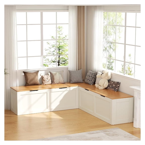 L Shaped with Storage, 63" Breakfast Nook Benches, Wood Kitchen Corner Dining Seating for Entryway Dining Room, Kitchen, Oak and White