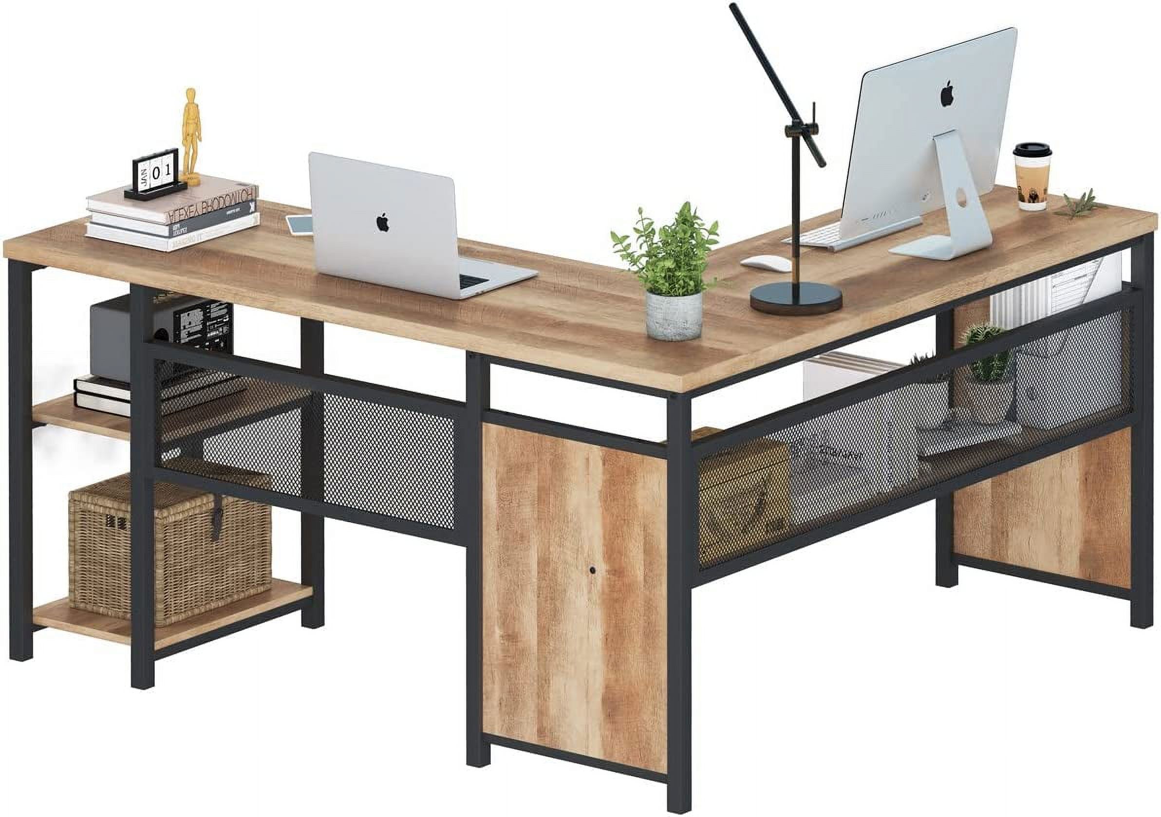 L ShapedDesk, Industrial Rustic Office Desk with Storage, Reversible