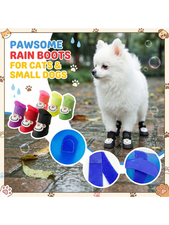 L Size, 4 Count Orange Waterproof Pet Boots, Soft Non-Slip Sole, Secure Stay-On Design, Rain & Mud Protection Boots for Cats and Small Dogs, Ideal for Outdoor Walks, Wet Weather Ad