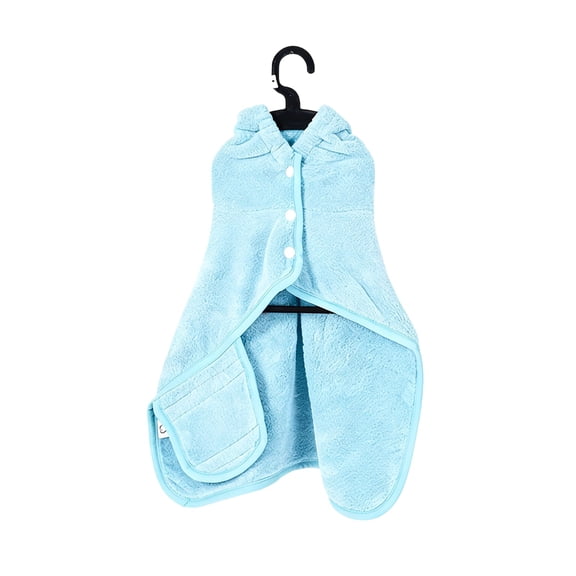 L Size Dog Bathrobe, Coral Fleece Pet Towel, Quick-Dry Dog Robe, Super Absorbent, Hooded, Button Design, Bunny Ears, Blue