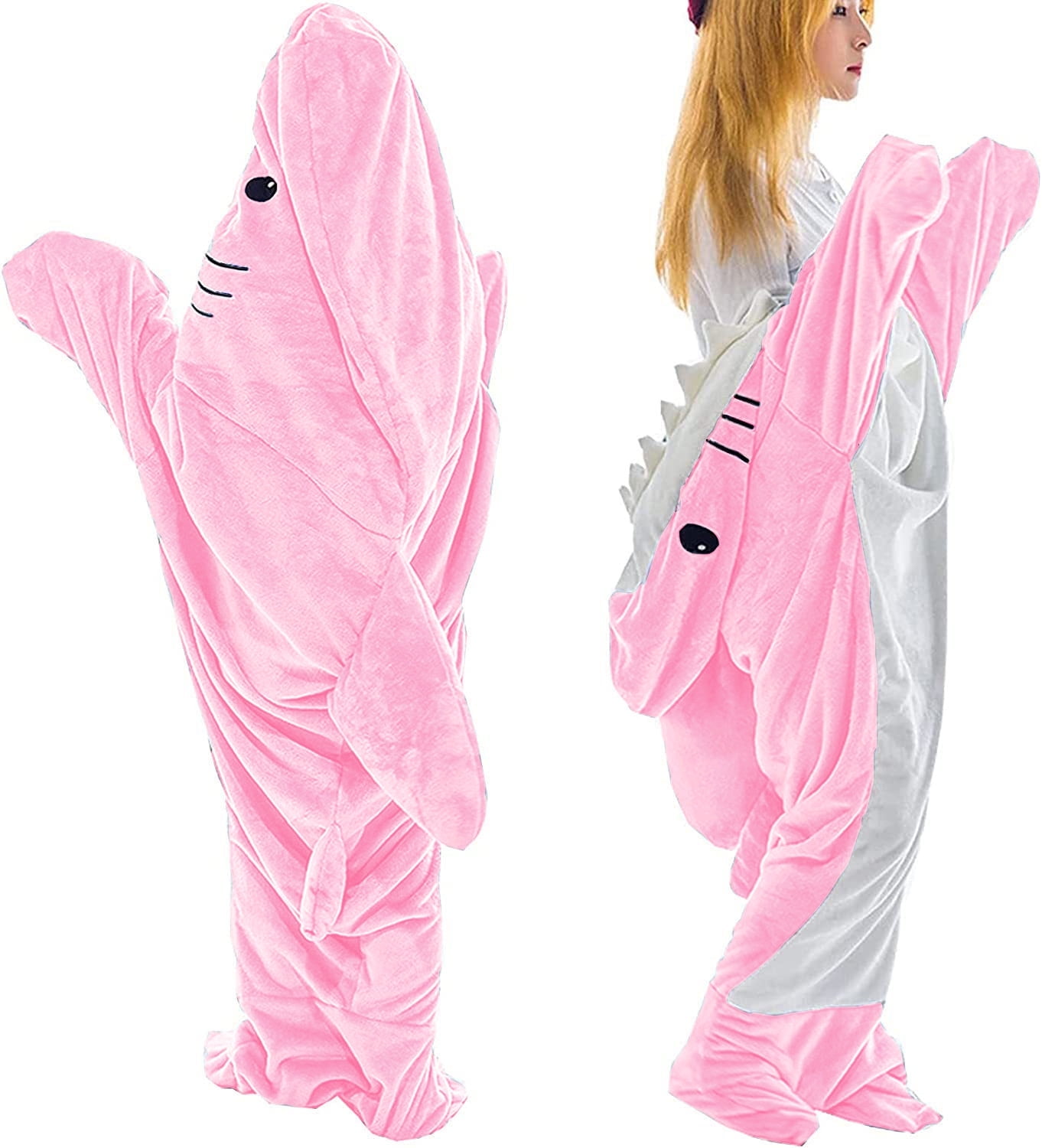 L Size Flannel Shark Blanket Hoodie, Soft Cozy Warm Wearable Shark Blanket, Funny Shark Onesie Sleeping Bag Blanket，Wearable shark blanket hoodie cartoon animal one-piece blanket(Pink）