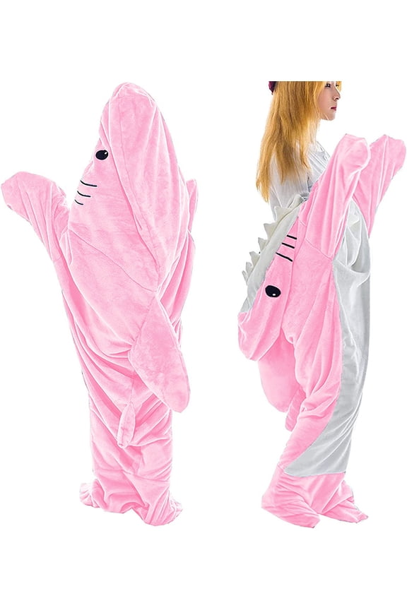 L Size Flannel Shark Blanket Hoodie, Soft Cozy Warm Wearable Shark Blanket, Funny Shark Onesie Sleeping Bag Blanket,Wearable shark blanket hoodie cartoon animal one-piece blanket(Pink)