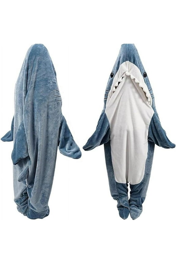 L Size Flannel Shark Blanket Hoodie, Soft Cozy Warm Wearable Shark Blanket, Funny Shark Onesie Sleeping Bag Blanket,Wearable shark blanket hoodie cartoon animal one-piece blanket(Blue)