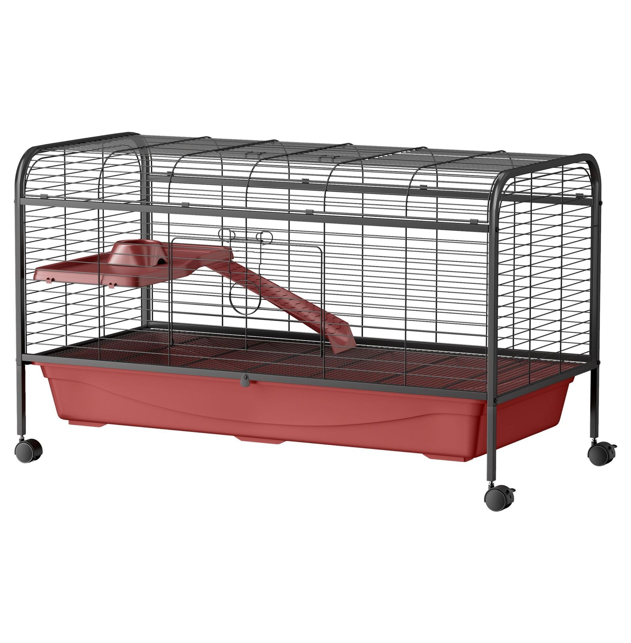 "L Small Animal Cage, Pet Play House for Rabbit Hutch with Feeder, Rolling Wheels, Platform, Ramp