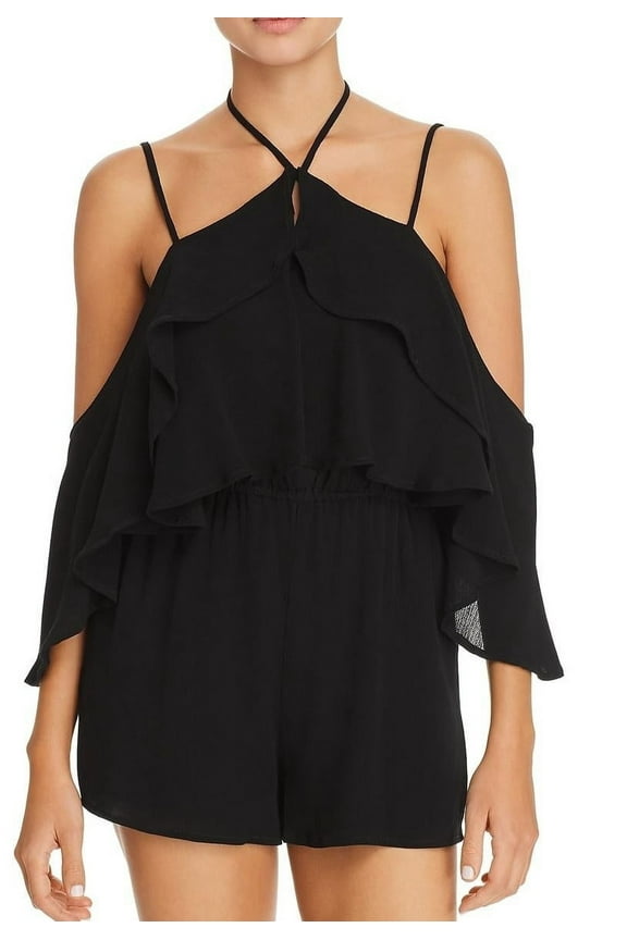 L*Space BLACK Seaside Ruffled Halter Romper Swim Cover-Up, US X-Small