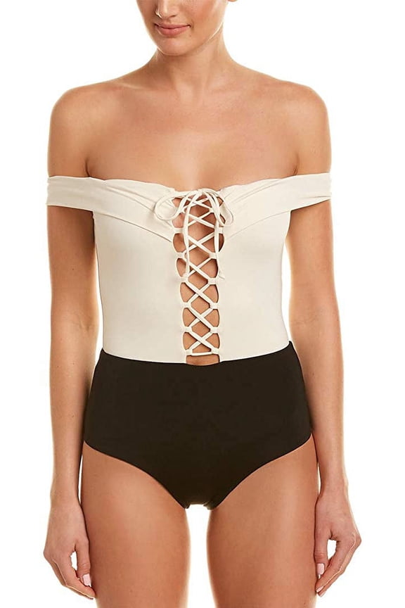 L*Space CREAM/BLACK/CAMEL Anja Off-the-Shoulder One Piece Swimsuit, US 10