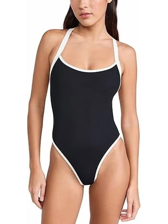 L*Space Ribbed Baewatch One Piece Swimsuit for Women, Classic Coverage, Low Back with Criss Cross Straps & Scoop Neck, Black-Cream, L