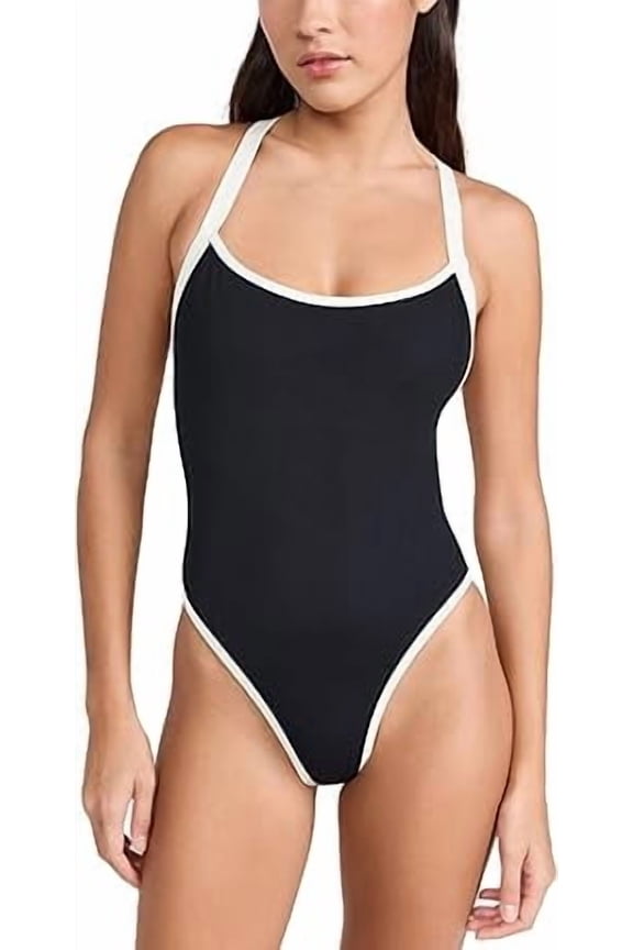 L*Space Ribbed Baewatch One Piece Swimsuit for Women, Classic Coverage, Low Back with Criss Cross Straps & Scoop Neck, Black-Cream, L