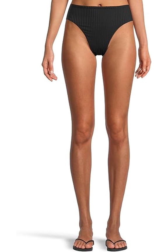 L*Space Savannah Bikini Bottom for Women, High-Waisted Ruched Swim Bottom, Eco-Friendly Wide Ribbed Swim, Classic Coverage, Black, XS