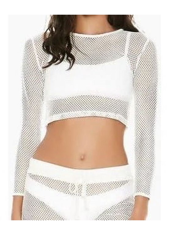 L*Space WHITE Sarah Longsleeve Mesh Crop Top Cover Up, US Small