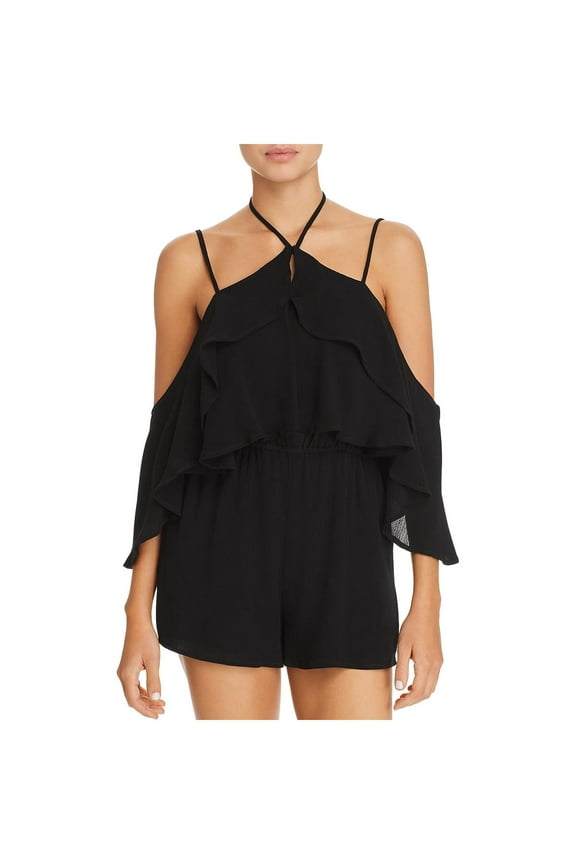 Womens Seaside Ruffled Halter Romper Swim Cover-Up Black M