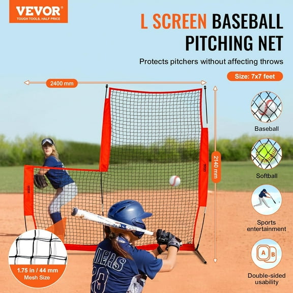 L Style Baseball Batting Cage Safety Screen with Carry Bag - 7x7 Feet, 1.75-Inch Mesh, Portable &
