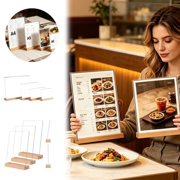 L&T Shaped Acrylic Tabletop Display Stand Wooden Base Transparent Sign Holder Multi-Functional Price Tag Menu Flyer Display Rack For Shop Office Hotel Exhibition Bar Home Decor 3.9×5.9 in