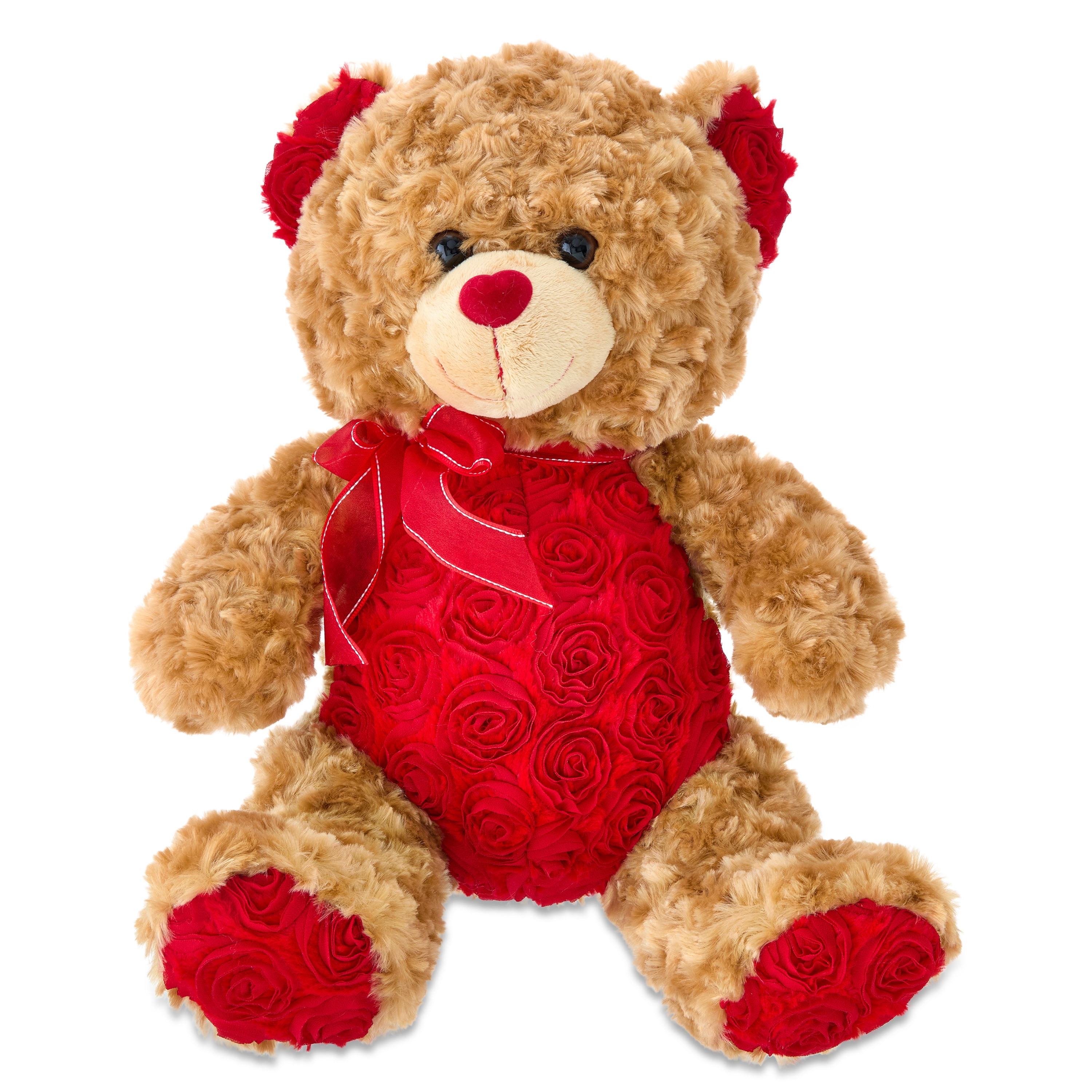 Large Rose Teddy Bear Plush, Brown and Red, 14", Valentine's Day by Way To Celebrate