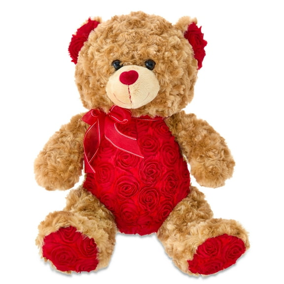 Large Rose Teddy Bear Plush, Brown and Red, 14", Valentine's Day by Way To Celebrate