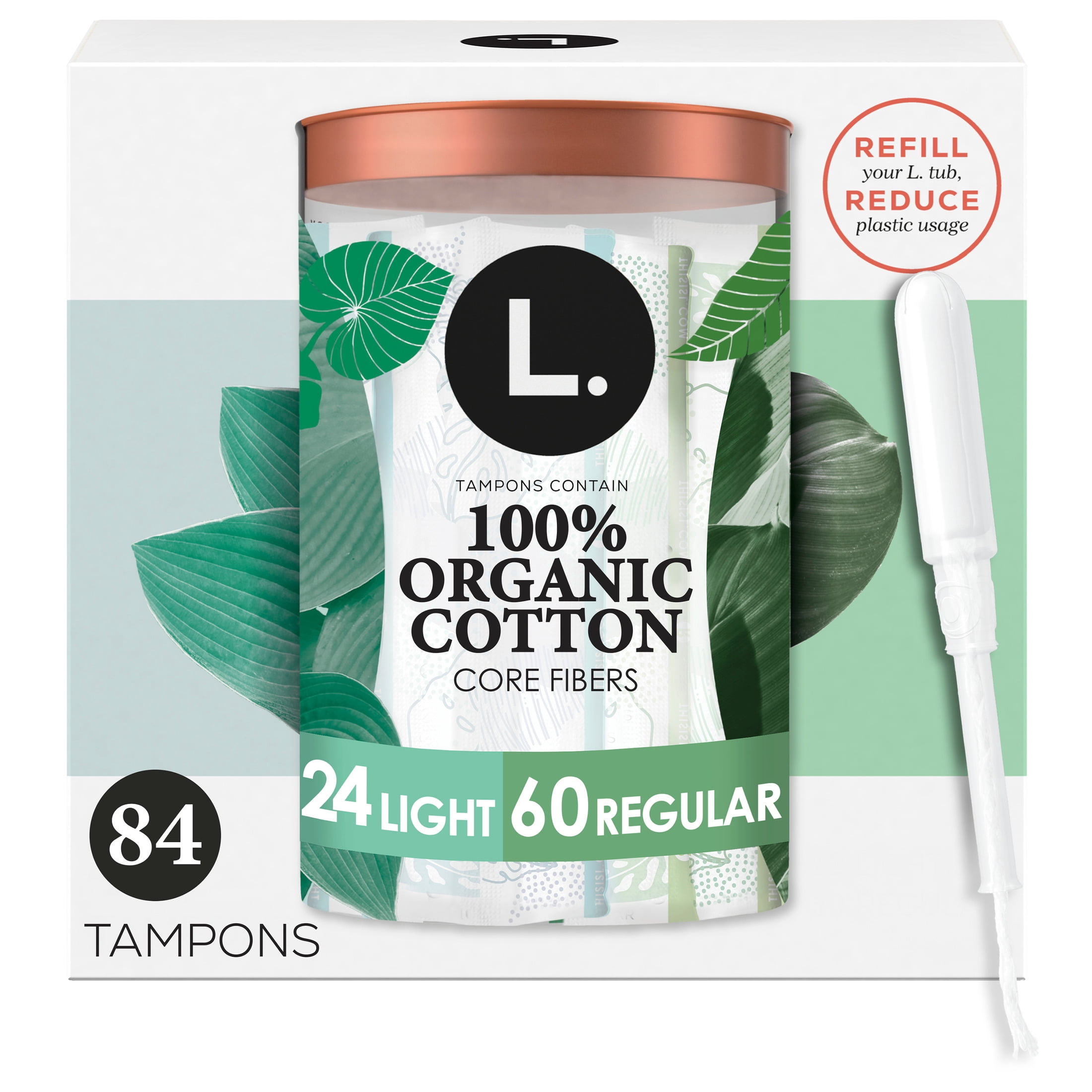 L. Tampons, Made with Organic Cotton, Light/Regular, Multipack Made Without Synthetic Pesticides or Fragrances, 84 Count