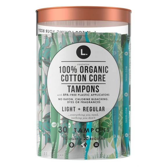 L. Tampons Organic Cotton Core 30 Count (20 Regular + 10 Light) (Pack of 2)