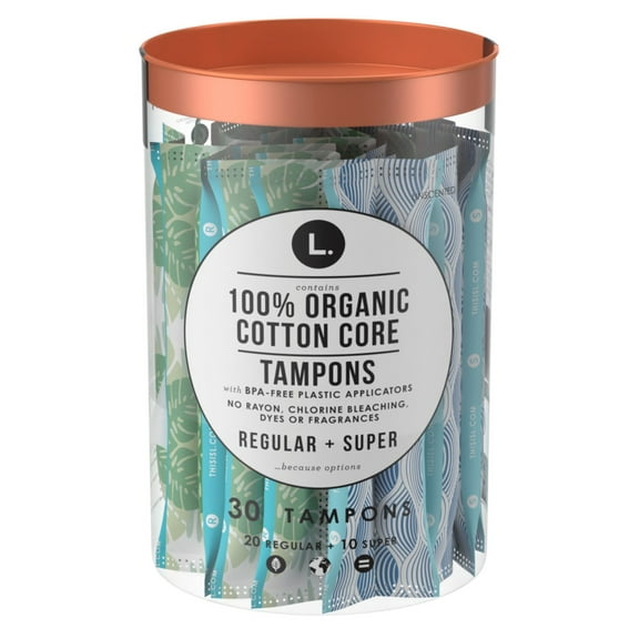 L. Tampons Organic Cotton Core 30 Count (20 Regular + 10 Super) (Pack of 2)