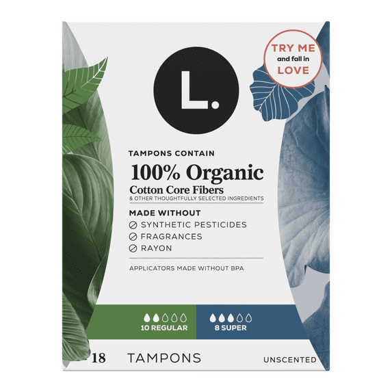 L. Tampons, Regular/Super Absorbency, Made with Organic Cotton, 18 Count