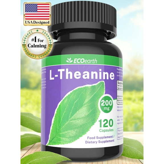 L-Theanine 200 mg 120 Capsules, Supplement Support for Anxiety, Focus, Sleep by EcoEarth