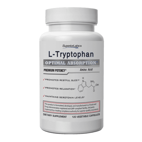 Superior Labs L-Tryptophan 500mg Vegetable Capsules, Gluten Free 120 Count